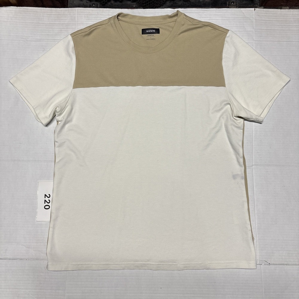 Alfani Men's Large L Stretch Color Block T-Shirt Beige Cream Short Sleeve READ